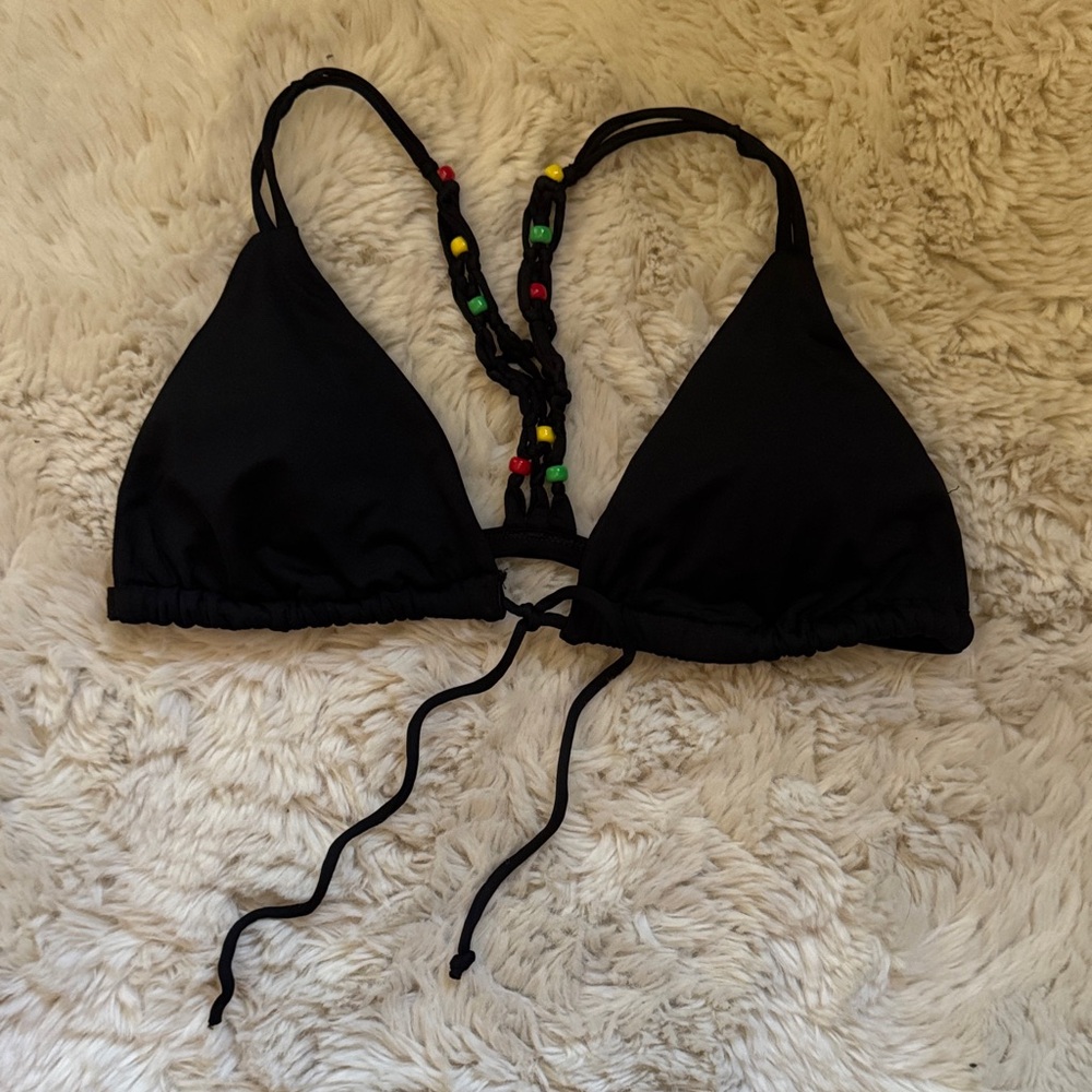 Black Triangle Bikini Top with Beaded Back Straps